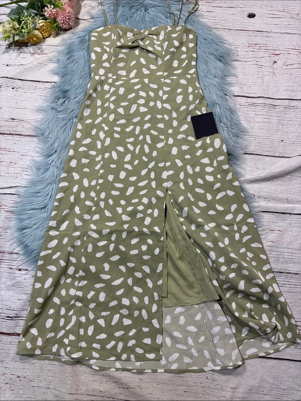 NWT Lulus Party in Paris Sage Green Print Tie-Strap Midi Dress